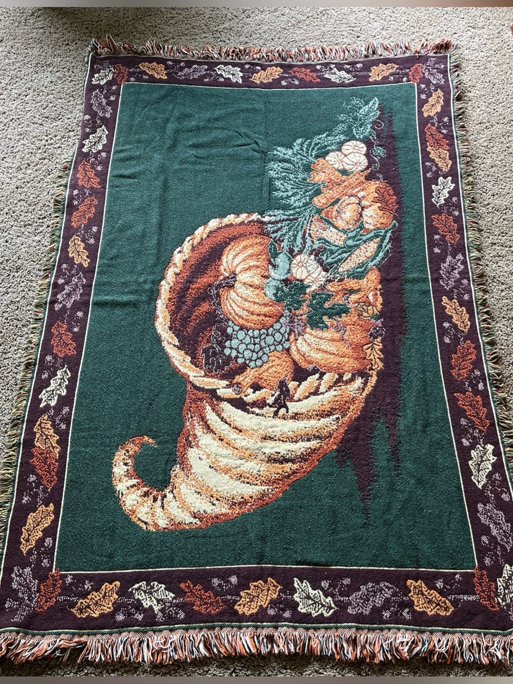 Vintage 1992 Cornucopia Woven Tapestry Throw Blanket Fringe Fall Harvest Decor